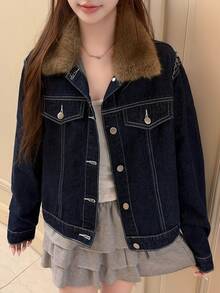 FRIFUL Women's Patchwork Fur Collar Long Sleeve Single-Breasted Casual Denim Jacket - Blue - View 1