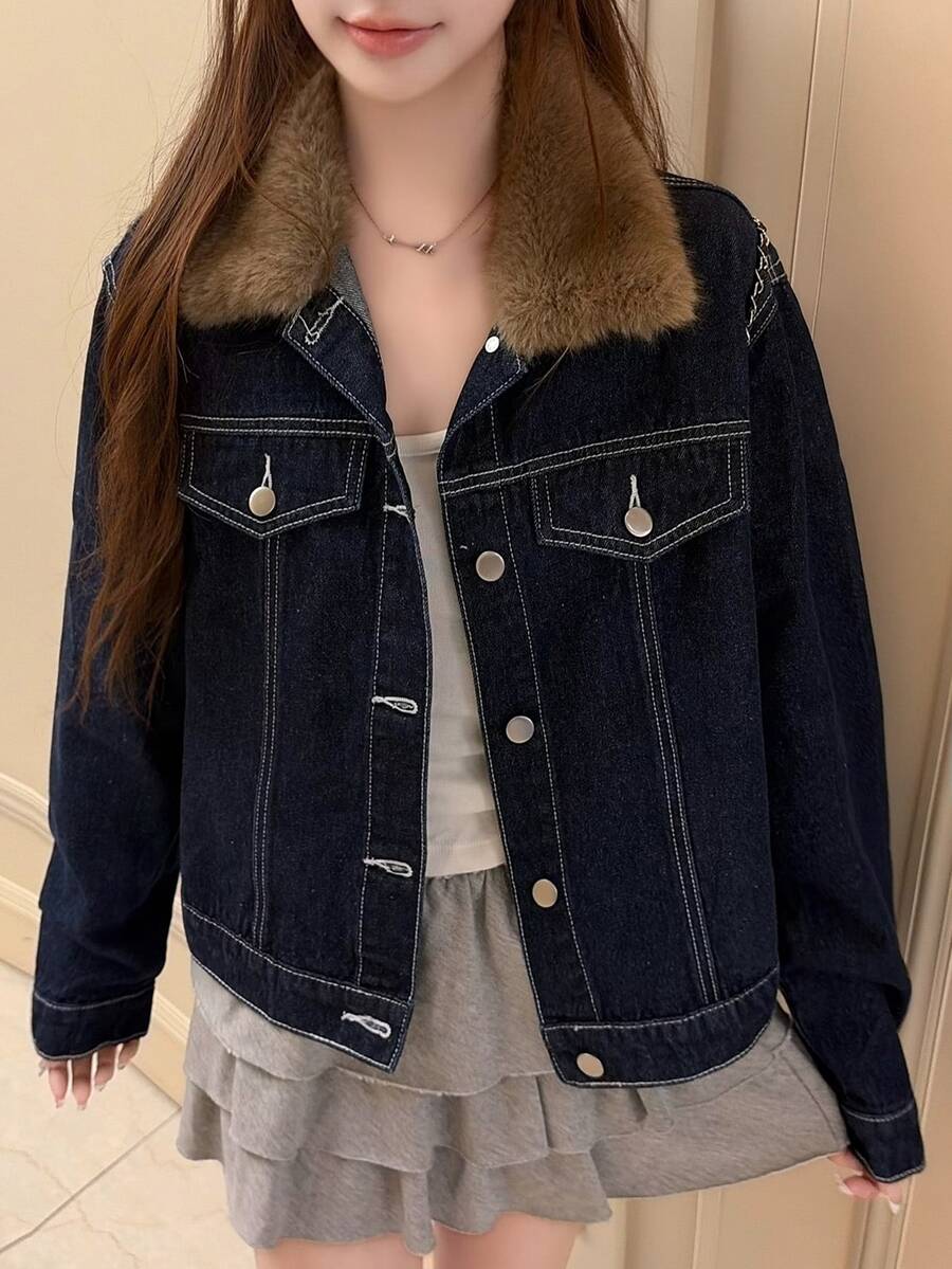 FRIFUL Women's Patchwork Fur Collar Long Sleeve Single-Breasted Casual Denim Jacket - Blue - View 1