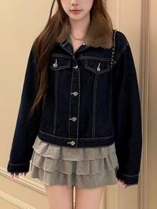 FRIFUL Women's Patchwork Fur Collar Long Sleeve Single-Breasted Casual Denim Jacket - Blue - View 4