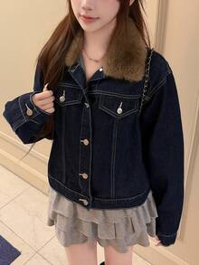 FRIFUL Women's Patchwork Fur Collar Long Sleeve Single-Breasted Casual Denim Jacket - Blue - View 6