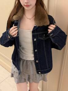 FRIFUL Women's Patchwork Fur Collar Long Sleeve Single-Breasted Casual Denim Jacket - Blue - View 8