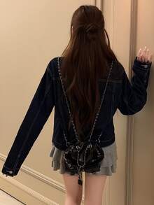 FRIFUL Women's Patchwork Fur Collar Long Sleeve Single-Breasted Casual Denim Jacket - Blue - View 2