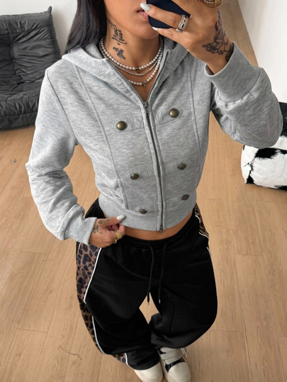 Coolane Women's Fall/Winter Streetwear Y2k Sexy Chic Vintage Club Outfits Sportswear Casual Preppy Zip Up With Pockets Grey Fitted Hoodies Grey Sweatshirt