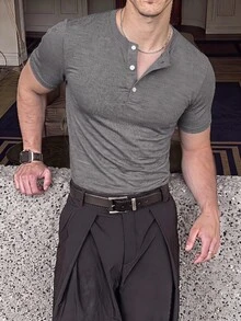 ESTAVOR Men's Summer Casual Fitted Slim Fit Crew Neck Short Sleeve Standard Size Grey Solid Color - Grey - View 2