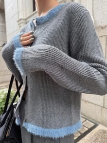 FRIFUL Women's Autumn Contrast Color Slimming Cardigan - Grey - View 1