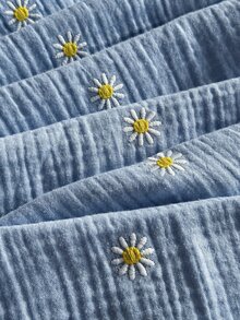 Comfortcana 大尺碼女款秋季雛菊刺繡腰綁帶長褲，居家休閒度假風，淺藍色鄉村風，休閒舒適秋季正式款 - 淺藍色 - 查看 4