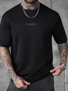 SLATEMANN Men's Letter Print Plus Size Crew Neck Short Sleeve T-Shirt, Holiday Work Birthday Black Summer Streetwear Casual - Black - View 5