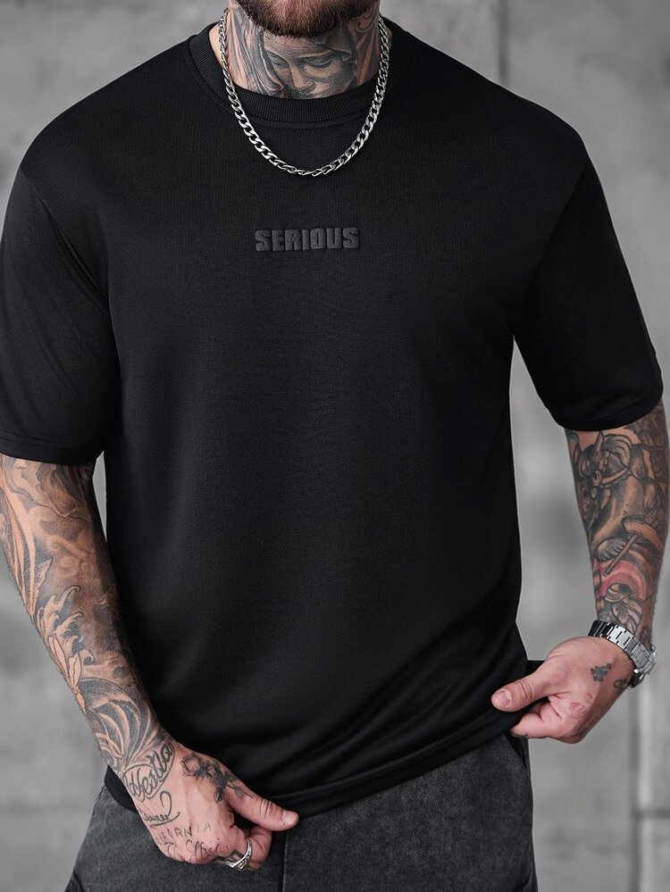SLATEMANN Men's Letter Print Plus Size Crew Neck Short Sleeve T-Shirt, Holiday Work Birthday Black Summer Streetwear Casual - Black - View 5