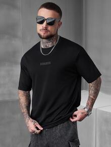 SLATEMANN Men's Letter Print Plus Size Crew Neck Short Sleeve T-Shirt, Holiday Work Birthday Black Summer Streetwear Casual - Black - View 1