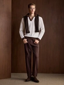 Manfinity CityGents 歐美新博主風時尚設計成熟休閒男士套頭毛衣，白色長袖套頭毛衣，拼接棕色套頭毛衣，對比色 Polo 領 - 白色 - 查看 7