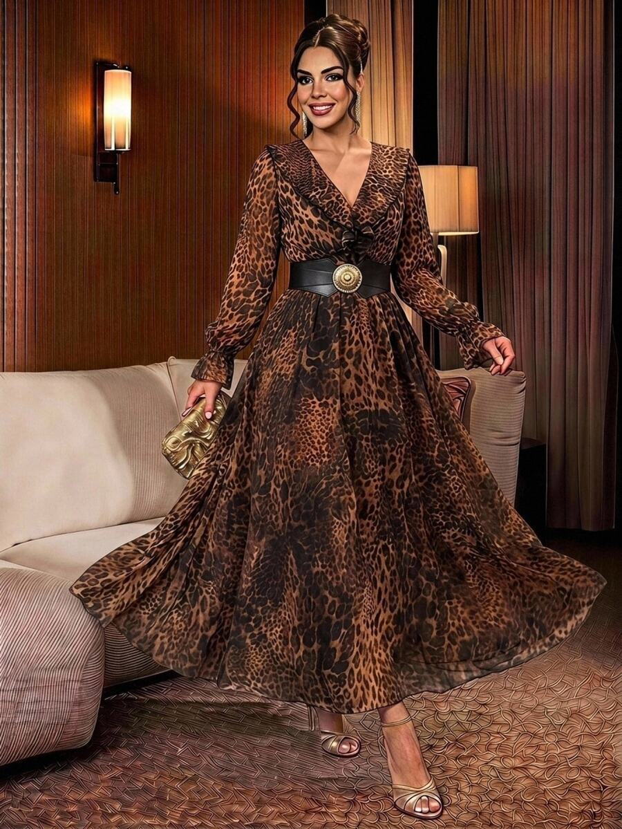 SHEIN LUNE Plus Size Women's Leopard Print Patchwork Ruffle V-Neck Long Sleeve Elegant Dress Wedding Guest Party Beige Autumn - Brown - View 1