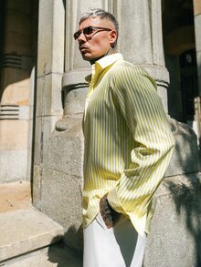 Artur Kramer Men's Pale Yellow Relaxed Fit Long Sleeve Button-Up With Rolled Cuffs & Deep Open Neckline. Woven Fabric With Soft Drape. Sunny Resort Lay - Yellow - View 6