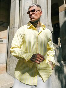 Artur Kramer Men's Pale Yellow Relaxed Fit Long Sleeve Button-Up With Rolled Cuffs & Deep Open Neckline. Woven Fabric With Soft Drape. Sunny Resort Lay - Yellow - View 2