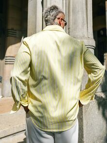 Artur Kramer Men's Pale Yellow Relaxed Fit Long Sleeve Button-Up With Rolled Cuffs & Deep Open Neckline. Woven Fabric With Soft Drape. Sunny Resort Lay - Yellow - View 3