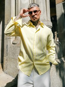 Artur Kramer Men's Pale Yellow Relaxed Fit Long Sleeve Button-Up With Rolled Cuffs & Deep Open Neckline. Woven Fabric With Soft Drape. Sunny Resort Lay - Yellow - View 5