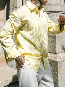 Artur Kramer Men's Pale Yellow Relaxed Fit Long Sleeve Button-Up With Rolled Cuffs & Deep Open Neckline. Woven Fabric With Soft Drape. Sunny Resort Lay - Yellow - View 7
