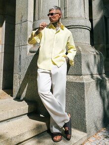 Artur Kramer Men's Pale Yellow Relaxed Fit Long Sleeve Button-Up With Rolled Cuffs & Deep Open Neckline. Woven Fabric With Soft Drape. Sunny Resort Lay - Yellow - View 4