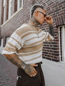 Artur Kramer 男士休闲撞色条纹镂空针织上衣，春夏款 - 卡其色 - 查看 3