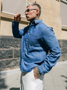 Artur Kramer Men Cotton Dual Pocket Denim Shirt Without Tee, Couple Things - Medium Wash - View 4