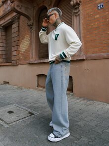 Artur Kramer Men Vintage Streetwear Fashion Versatile Distressed Rivet Design Statue Of Liberty Letter Print Loose Wide Leg Casual Jeans - Blue - View 4