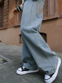 Artur Kramer Men Vintage Streetwear Fashion Versatile Distressed Rivet Design Statue Of Liberty Letter Print Loose Wide Leg Casual Jeans - Blue - View 6