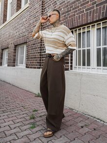 Artur Kramer 男士纯色休闲裤，带腰带环和口袋，宽松时尚 - 棕色 - 查看 3