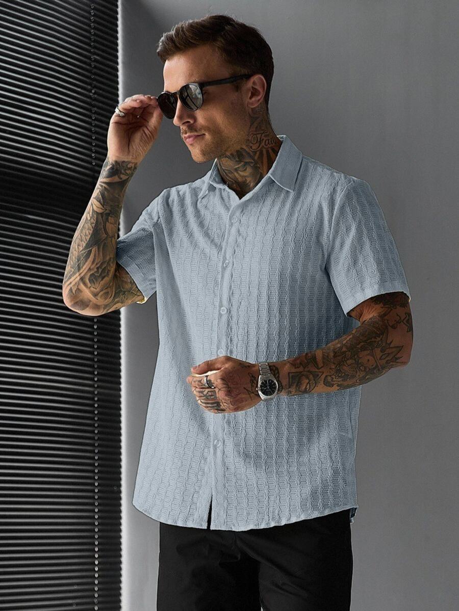 SLATEMANN Men's Summer Casual Solid Color Short Sleeve Shirt - Light Wash - View 1