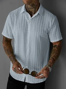 SLATEMANN Men's Summer Casual Solid Color Short Sleeve Shirt - Light Wash - View 4