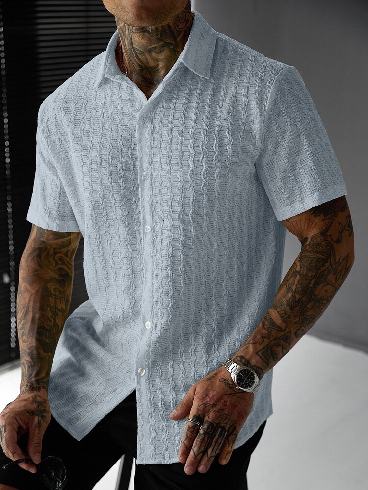 SLATEMANN Men's Summer Casual Solid Color Short Sleeve Shirt - Light Wash - View 3