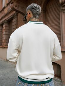 Artur Kramer 男士休闲时尚字母植绒宽松V领卫衣 Y2K针织衫，适合网球、秋季穿着，长袖上衣 - 杏色 - 查看 2