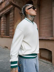 Artur Kramer 男士休闲时尚字母植绒宽松V领卫衣 Y2K针织衫，适合网球、秋季穿着，长袖上衣 - 杏色 - 查看 5
