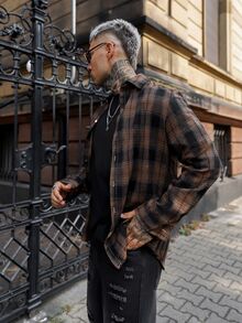 Artur Kramer Men's Spring Casual Plaid Long Sleeve Shirt, For Fall - Coffee Brown - View 4