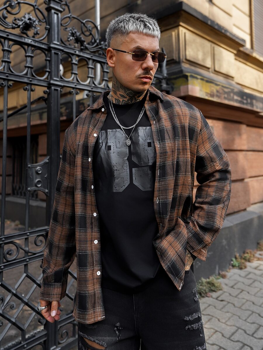 Artur Kramer Men's Spring Casual Plaid Long Sleeve Shirt, For Fall - Coffee Brown - View 1