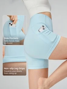 GLOWMODE 4.3" FeatherFit™ Anti-Slip Pocket Bike Shorts Non Front Seam Low Impact Cycling Running Gym Workout - Aqua Blue - View 4