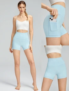 GLOWMODE 4.3" FeatherFit™ Anti-Slip Pocket Bike Shorts Non Front Seam Low Impact Cycling Running Gym Workout - Aqua Blue - View 8