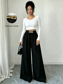 Elenzga 法式風格垂墜寬腿長褲 修身顯瘦 紋理面料 優雅通勤休閒女款長褲 - 黑色 - 查看 7