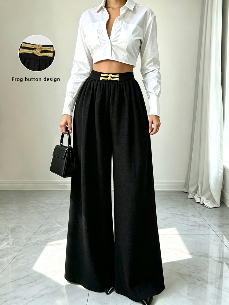 Elenzga French Style Draped Wide Leg Pants Slimming Textured Elegant Commute Casual Women Long Trousers - Black - View 2