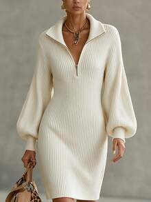 SHEIN Women's Solid Color Long Sleeve Zipper Half-Placket Fitted Elegant Knit Dress - Cream - View 1
