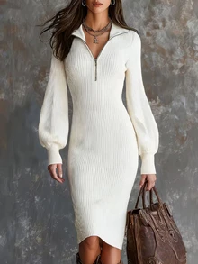 SHEIN Women's Solid Color Long Sleeve Zipper Half-Placket Fitted Elegant Knit Dress - Cream - View 7