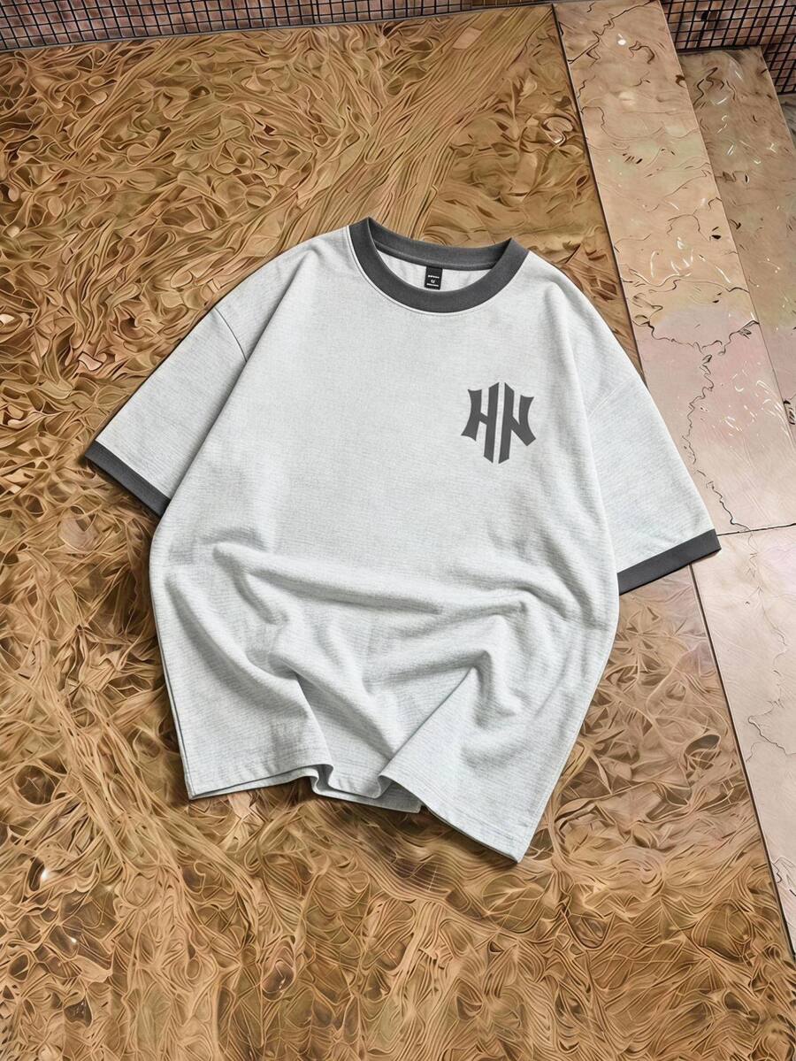 HypeHours 男士单色字母印花短袖休闲简约优雅圆领基础款T恤 - 彩色 - 查看 1