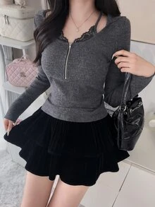 FRIFUL Women's Autumn Colorblock Contrast Lace Trim Hooded Metal Zipper Sweatshirt - Grey - View 7