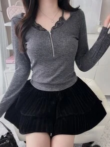 FRIFUL Women's Autumn Colorblock Contrast Lace Trim Hooded Metal Zipper Sweatshirt - Grey - View 3