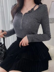 FRIFUL Women's Autumn Colorblock Contrast Lace Trim Hooded Metal Zipper Sweatshirt - Grey - View 6