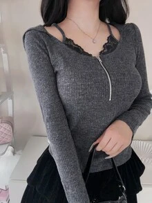 FRIFUL Women's Autumn Colorblock Contrast Lace Trim Hooded Metal Zipper Sweatshirt - Grey - View 8