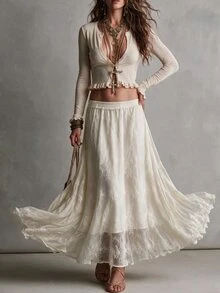 Struktiv Women Cream Lace Maxi Skirt, Floral Crochet Hollow Out A‑Line Flowy Long Skirt For Spring Fall Date Party Daily Casual Outfit - Apricot - View 4