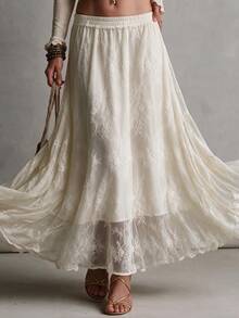 Struktiv Women Cream Lace Maxi Skirt, Floral Crochet Hollow Out A‑Line Flowy Long Skirt For Spring Fall Date Party Daily Casual Outfit - Apricot - View 5