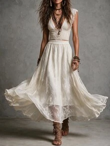 Struktiv Women Cream Lace Maxi Skirt, Floral Crochet Hollow Out A‑Line Flowy Long Skirt For Spring Fall Date Party Daily Casual Outfit - Apricot - View 6