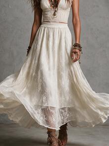 Struktiv Women Cream Lace Maxi Skirt, Floral Crochet Hollow Out A‑Line Flowy Long Skirt For Spring Fall Date Party Daily Casual Outfit - Apricot - View 1