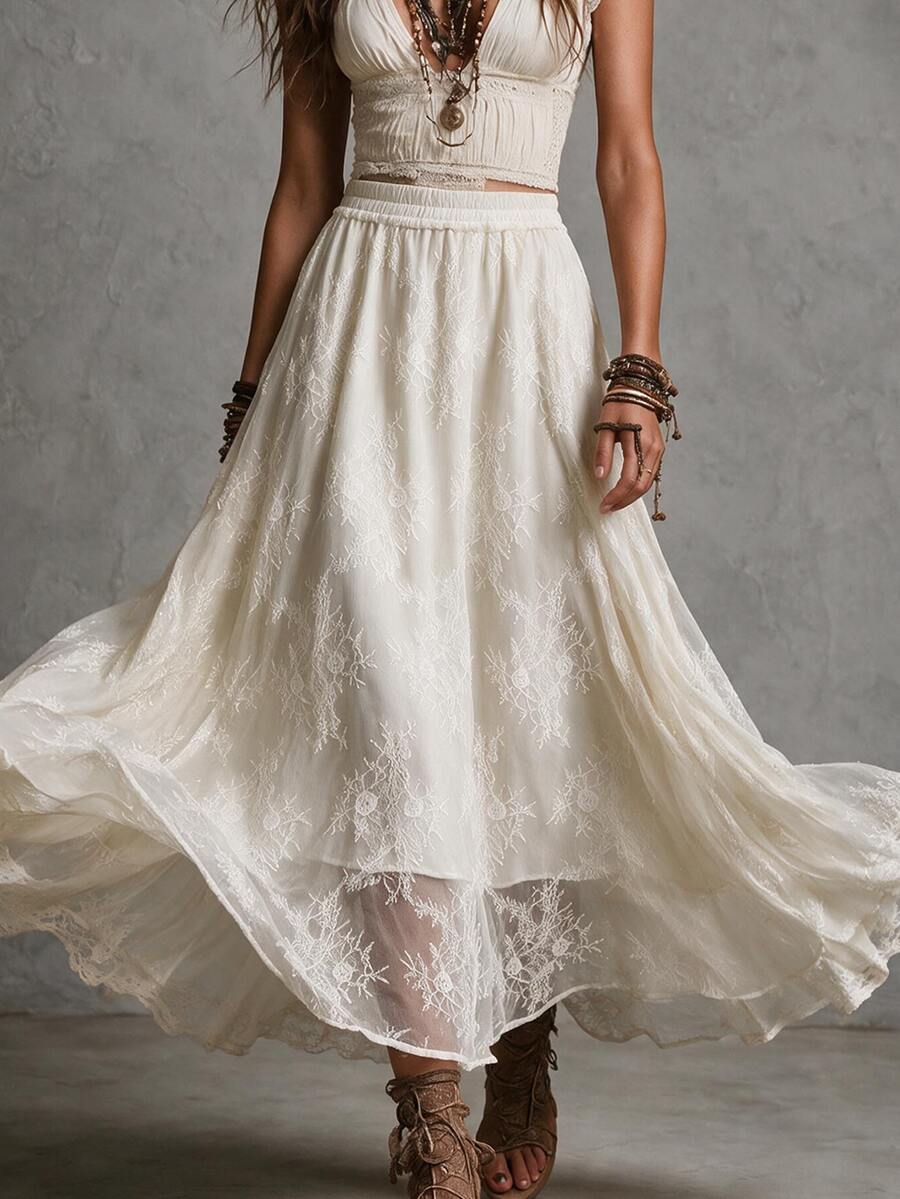 Struktiv Women Cream Lace Maxi Skirt, Floral Crochet Hollow Out A‑Line Flowy Long Skirt For Spring Fall Date Party Daily Casual Outfit - Apricot - View 1