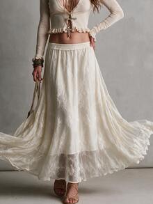 Struktiv Women Cream Lace Maxi Skirt, Floral Crochet Hollow Out A‑Line Flowy Long Skirt For Spring Fall Date Party Daily Casual Outfit - Apricot - View 7